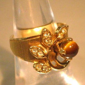 Vintage HMS Signed 18KT HGE Clear Rhinestone Tiger's Eye Stone Ring Size 5